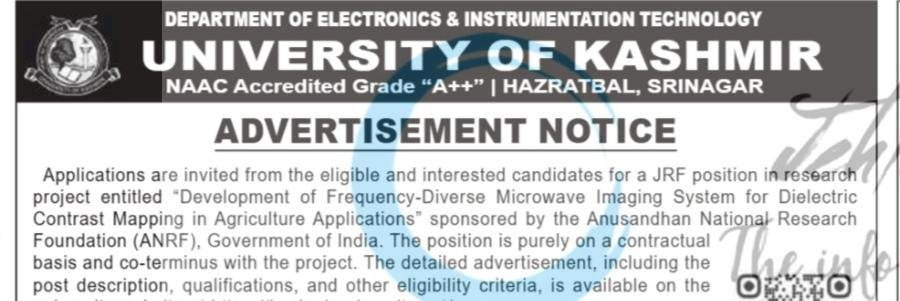 KU Department of Electronics and Instrumentation Technology job opportunities notice JRF F-/Project-PMECRG-JRF-01/KU