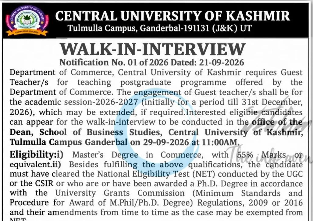 Central University of Kashmir CUK Tulmulla Campus Ganderbal teacher job opportunities notice 01 of 2026