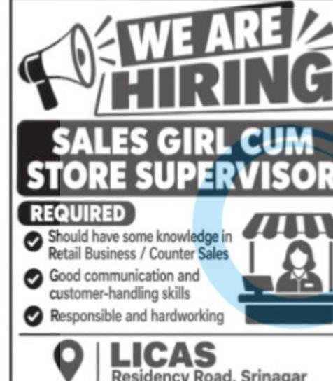 LICAS Srinagar Sales Girl Cum Store Supervisor Job opportunities 2026