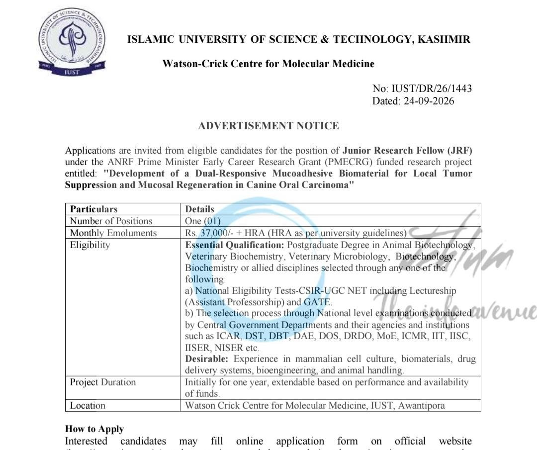 ISLAMIC UNIVERSITY OF SCIENCE and TECHNOLOGY jrf job opportunities notice IUST/DR/26/1443