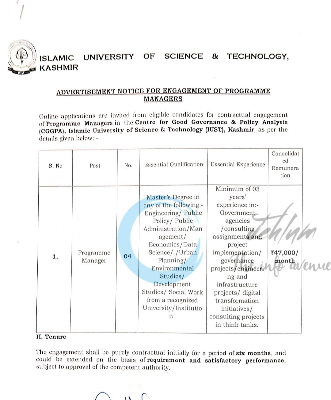 ISLAMIC UNIVERSITY OF SCIENCE and TECHNOLOGY Awantipora Programme Manager job opportunities notice IUST/CGGandPA/26/185