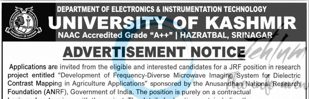 KU Department of Electronics Instrumentation Technology Srinagar JRF job opportunities 2026