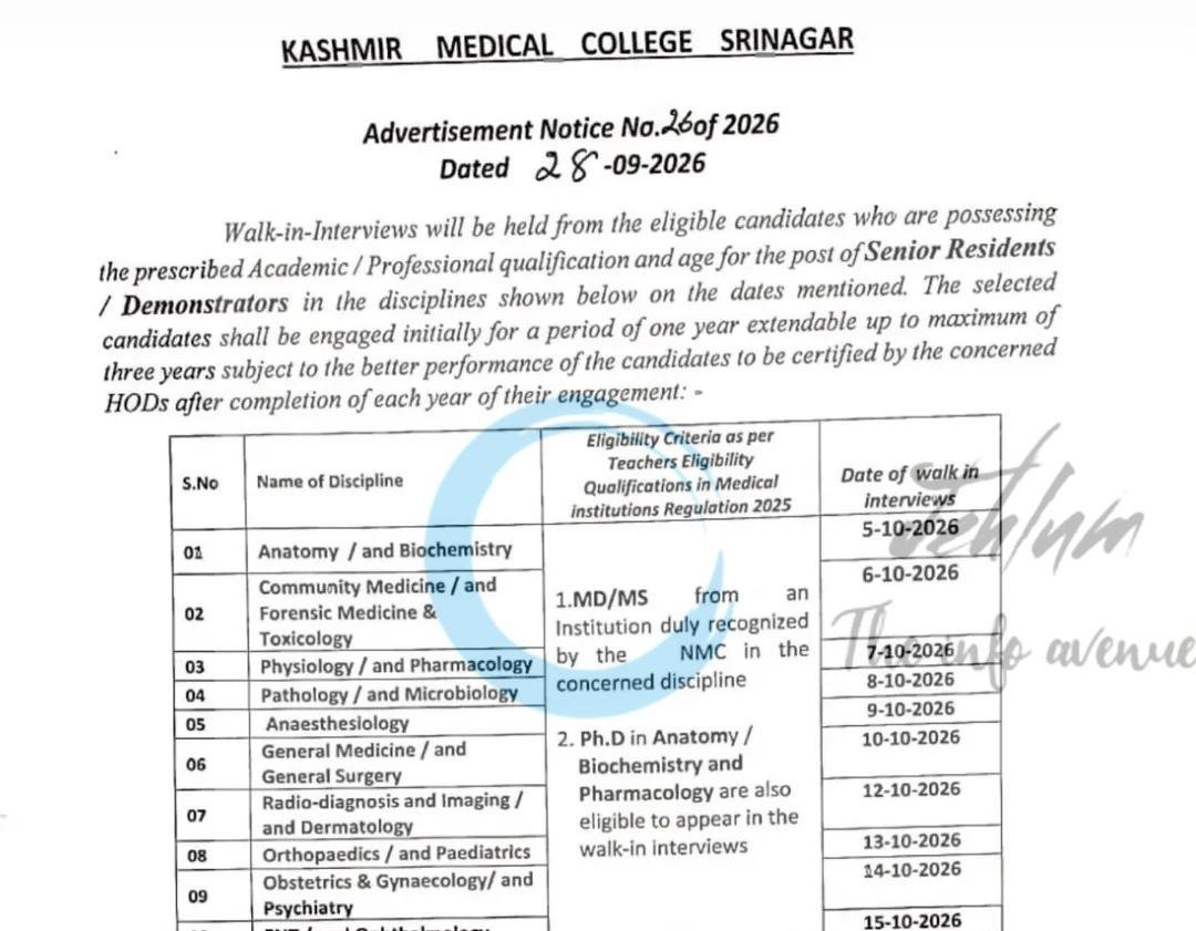 KASHMIR MEDICAL COLLEGE SRINAGAR Senior Resident Demonstrator job opportunities Walk-in 2026