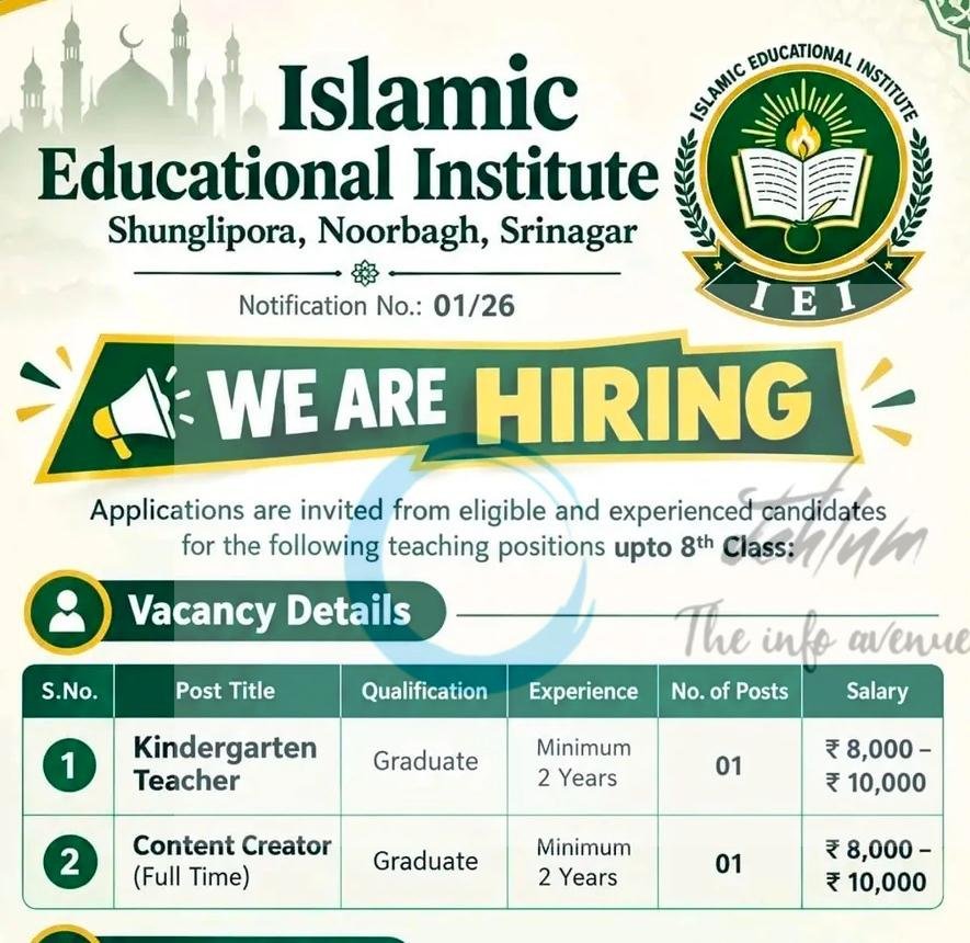 ISLAMIC EDUCATIONAL INSTITUTE srinagar teaching job opportunities 2026