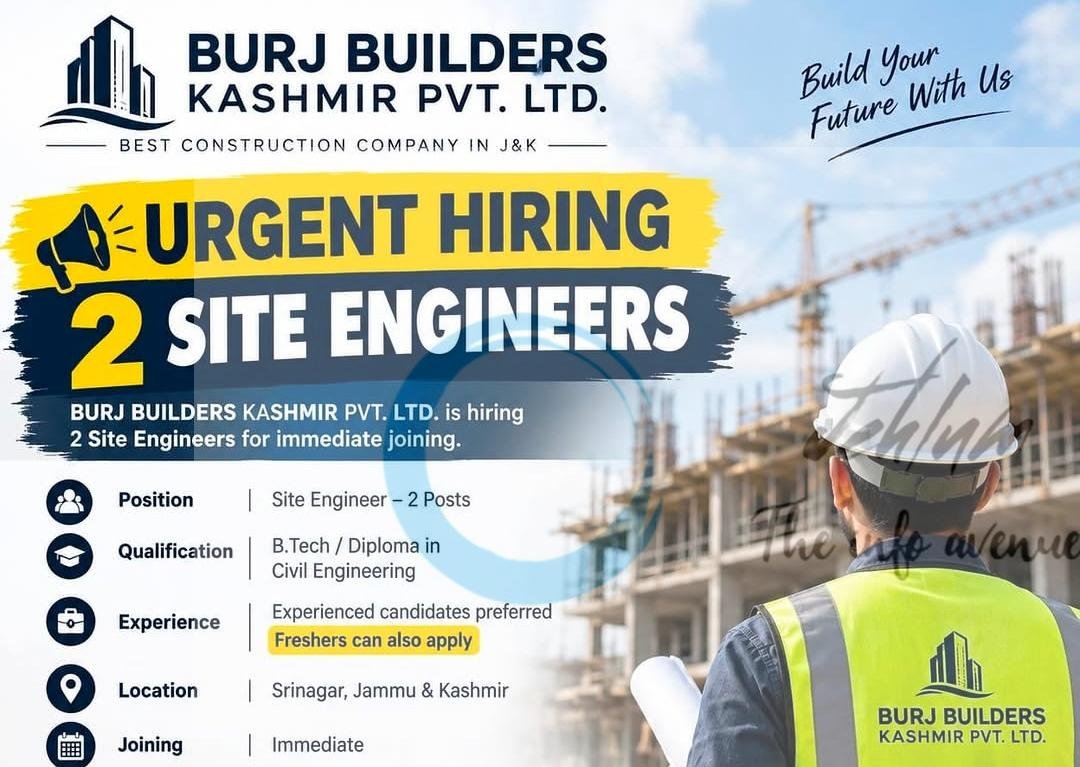 BURJ BUILDERS KASHMIR PVT LTD srinagar Site Engineer job opportunities 2026