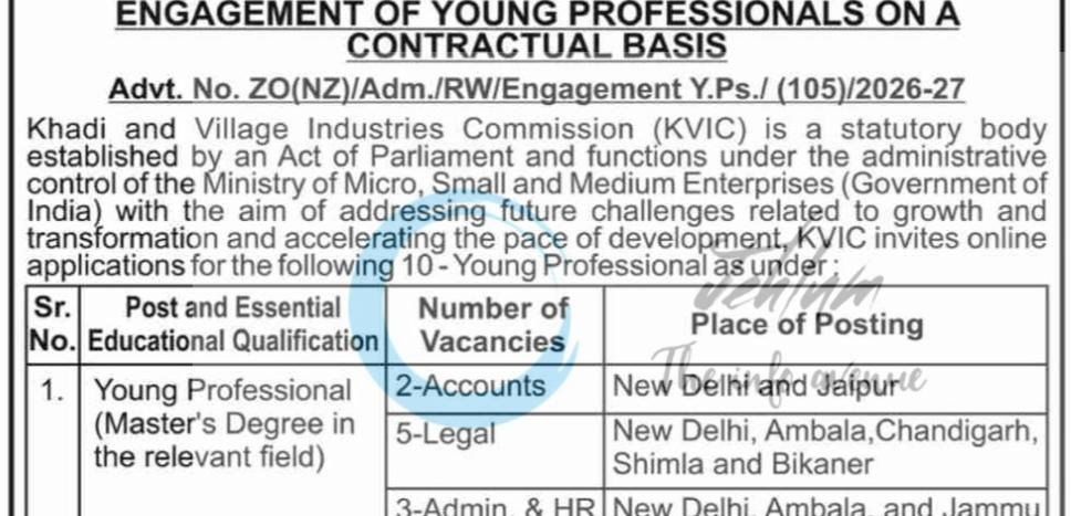 Khadi and Village Industries Commission KVIC New Delhi Young Professional employment opportunities notice ZO/NZ/Adm/RW/Engagement Y/Ps/ 105/2026-27