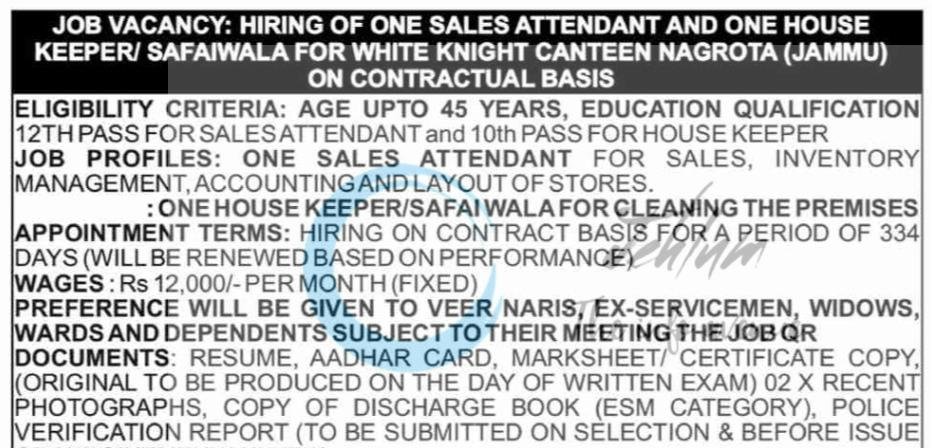 White Knight Canteen WKC Jammu Sales Attendant job opportunities 2026