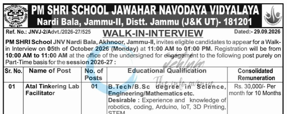 PM SHRI School Jawahar Navodaya Vidyalaya JNV Jammu teaching job opportunities notice JNVJ-2/Advt/2026-27/525