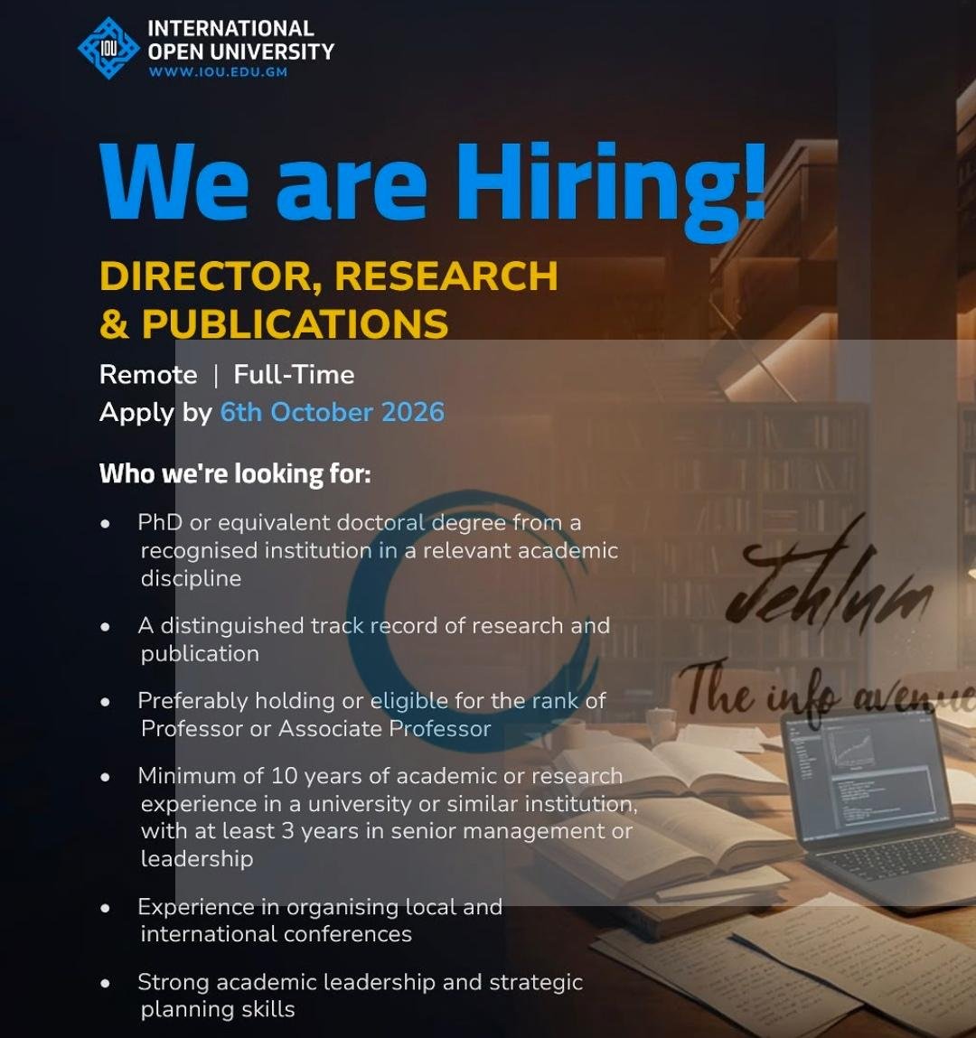 International Open University IOU Director Research Publications job opportunities 2026