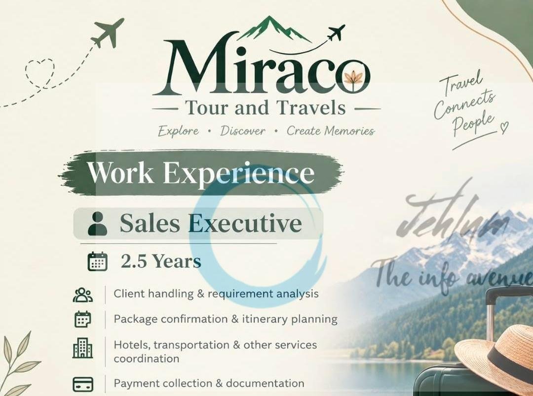 Miraco Tour and Travels srinagar Sales Executive job opportunities 2026