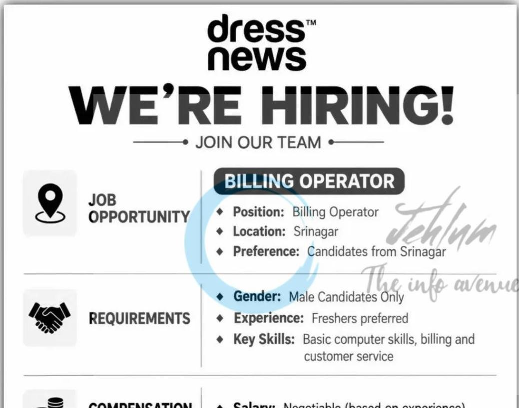 Dress News Srinagar Billing Operator job opportunities 2026