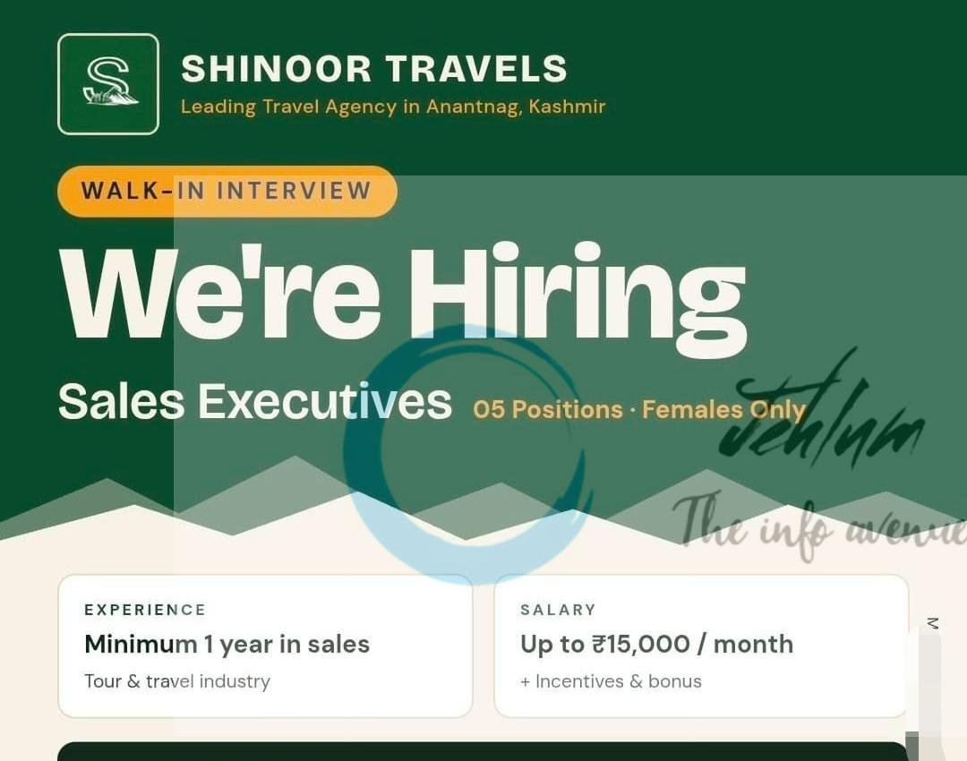 Shinoor Travels Anantnag Sales Executives job opportunities 2026
