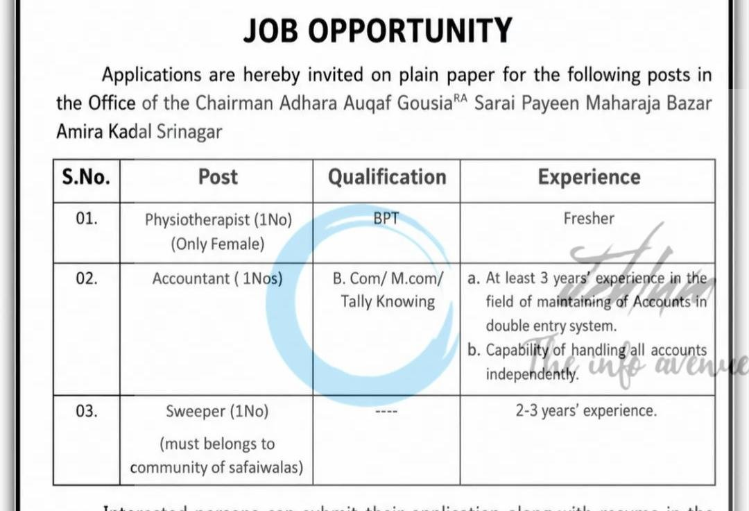 Adhara Auqaf Gousia Srinagar Physiotherapist Accountant job opportunities 2026