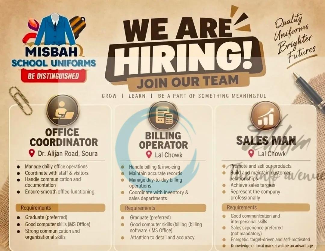 Misbah School Uniforms Srinagar Coordinator Billing Operator Sales Man Job opportunities 2026