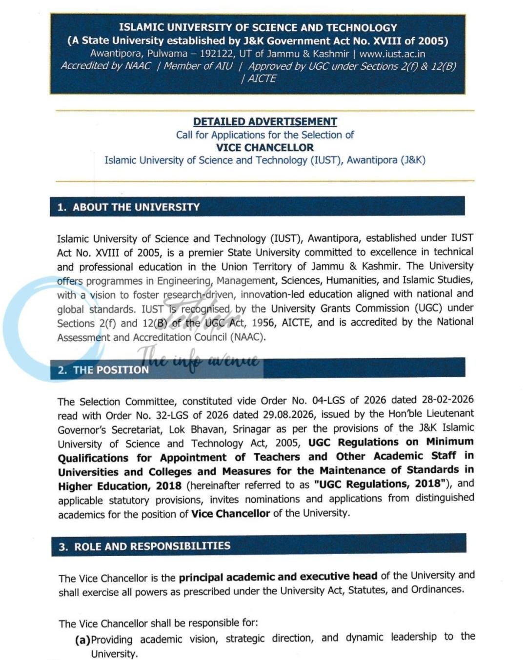 Islamic University of Science and Technology IUST Awantipora Vice Chancellor Recruitment Advertisement 2026