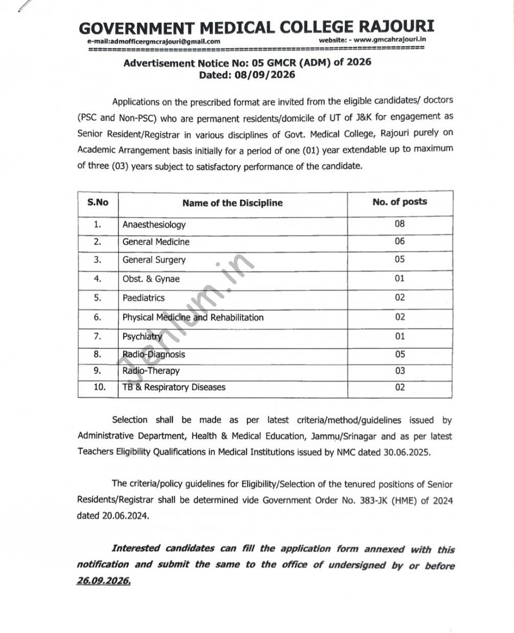 Govt Medical College Rajouri GMC Registrar Senior Resident Advertisement Notice 05 GMCR ADM of 2026