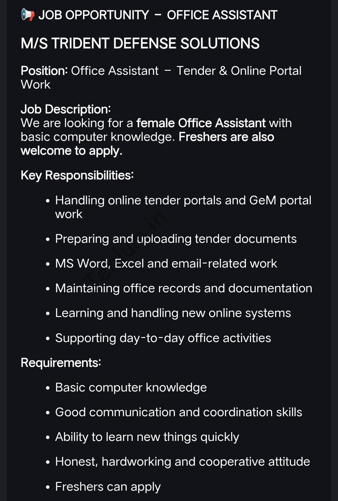 M S Trident Defense Solutions Srinagar Office Assistant Jobs Openings 2026