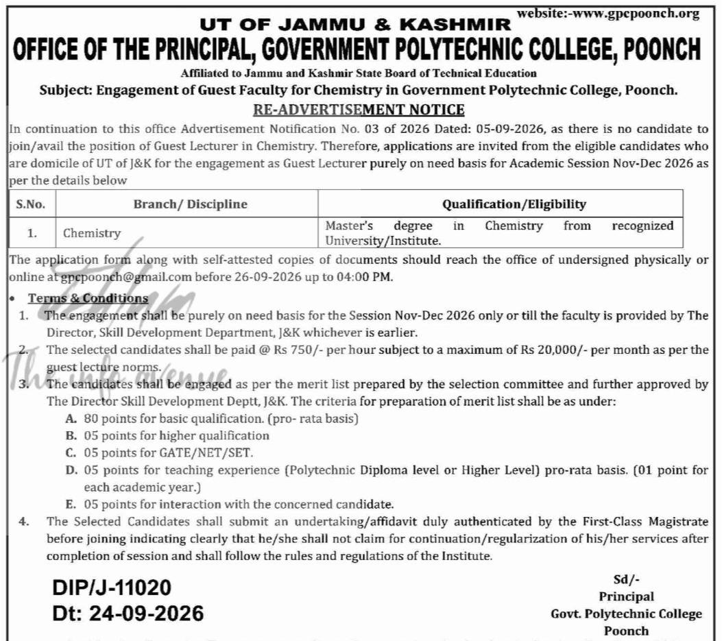 Government Polytechnic College GPC Poonch Guest Lecturer - Chemistry Job Advertisement 03 of 2026
