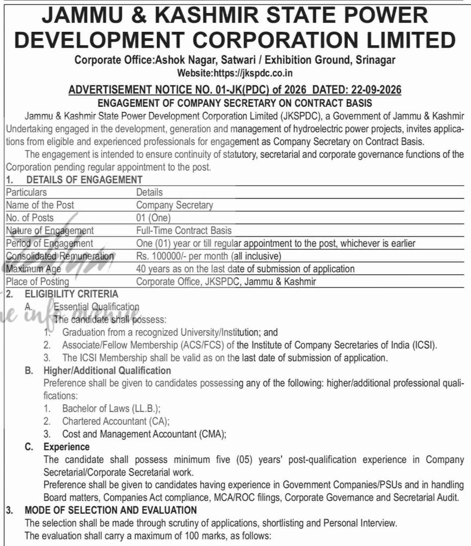 Jammu and Kashmir State Power Development Corporation Limited JKSPDC Srinagar Company Secretary Advertisement Notice 01-JK(PDC) of 2026