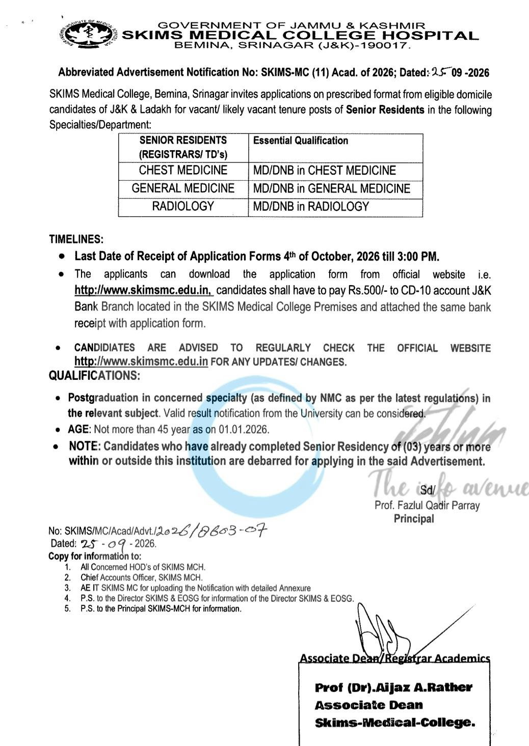 Sher-i-Kashmir Institute of Medical Sciences SKIMS Srinagar Senior Residents Recruitment Advertisement SKIMS-MC(11) Acad Of 2026
