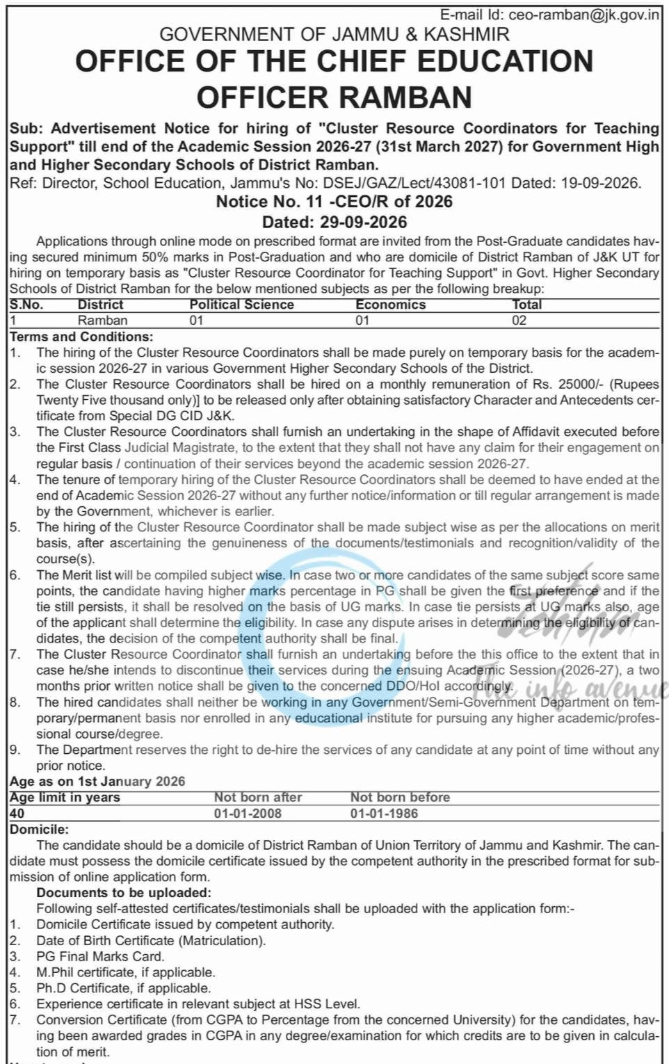 Office of the Chief Education Officer CEO Ramban Cluster Resource Coordinators employment opportunities notice 11 -CEO/R of 2026