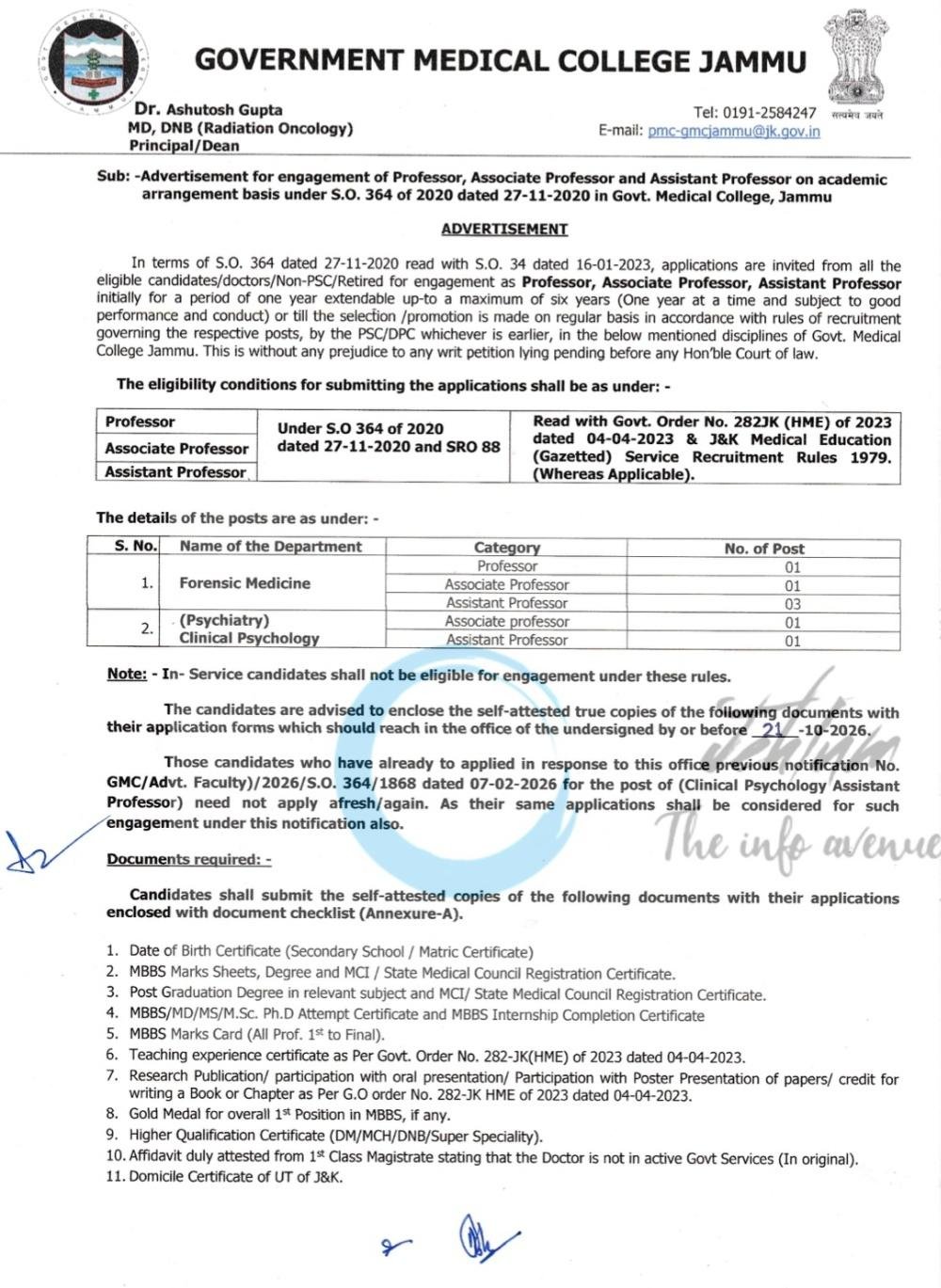 GMC Jammu Faculty employment opportunities notice 364/1868