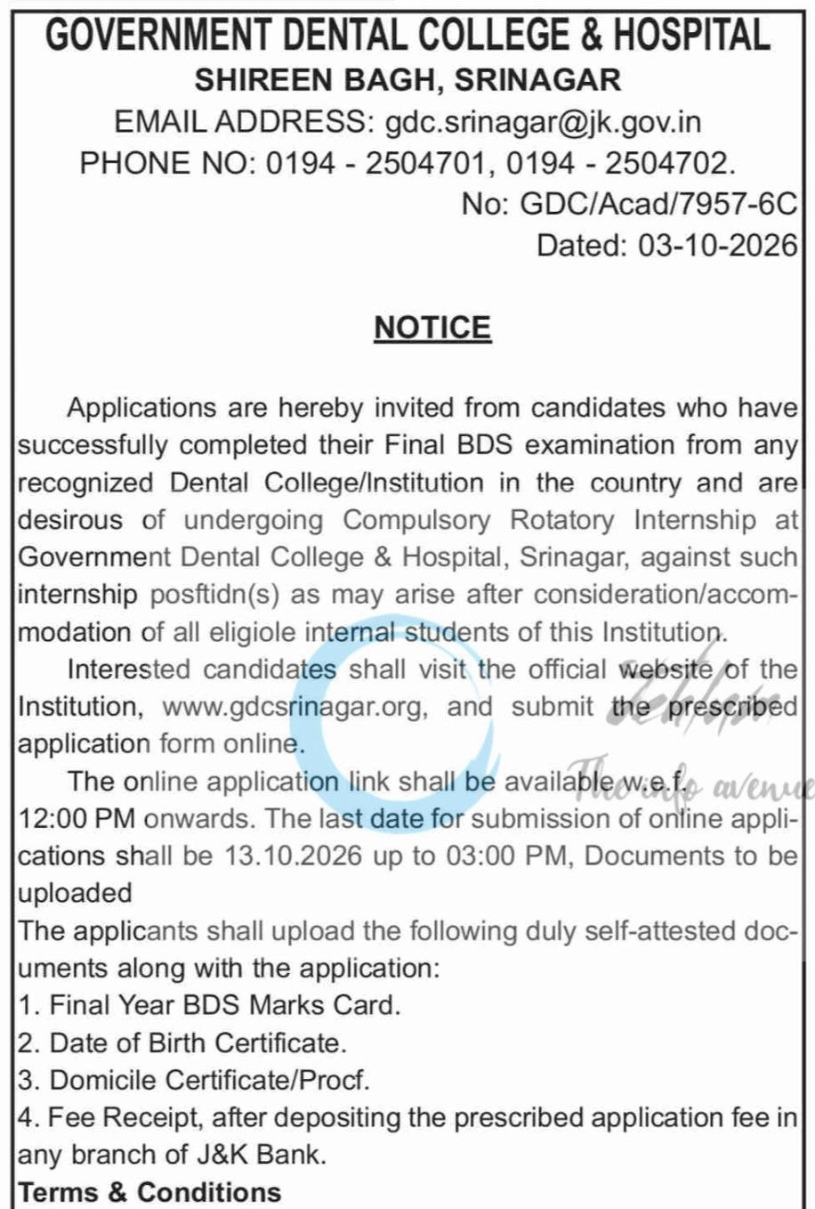 Government Dental College Hospital Srinagar Compulsory Rotatory Internship opportunities notice GDC/Acad/7957-6C