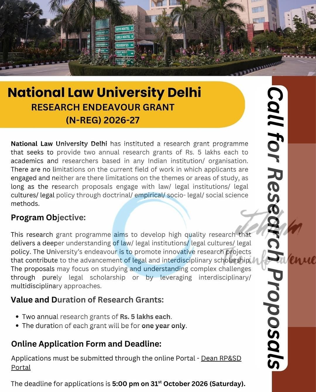 National Law University Delhi NLU Research Endeavour Grant opportunities notice N/REG/2026/27