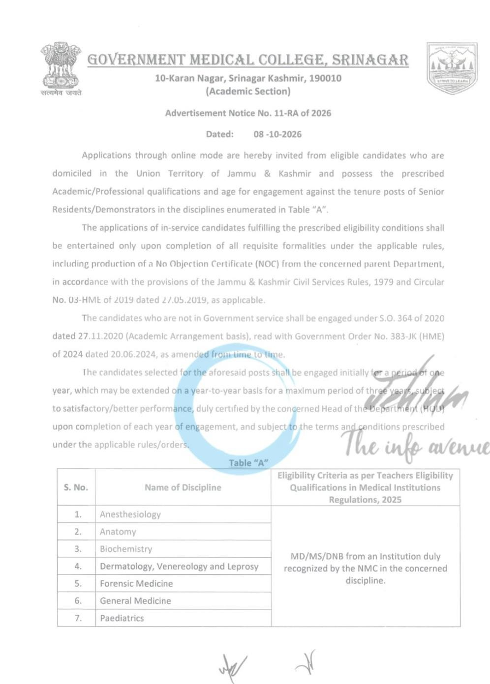 Government Medical College Srinagar GMC Srinagar Senior Residents Demonstrators opportunities Notice 11 RA of 2026