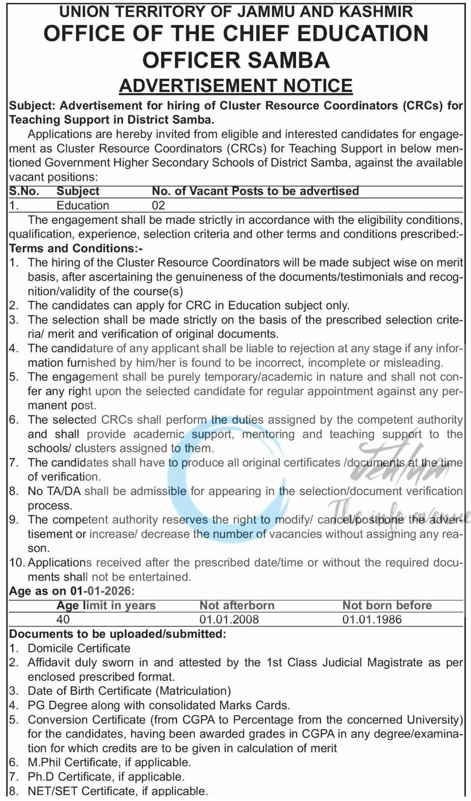 Chief Education Officer CEO Samba CRC opportunities notice DIP/J-12087