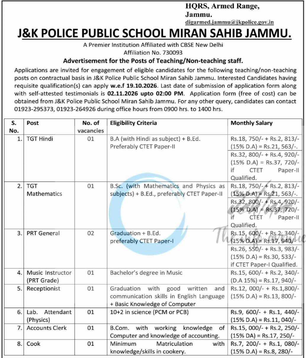 JK Police Public School Jammu Teaching Non Teaching opportunities 2026