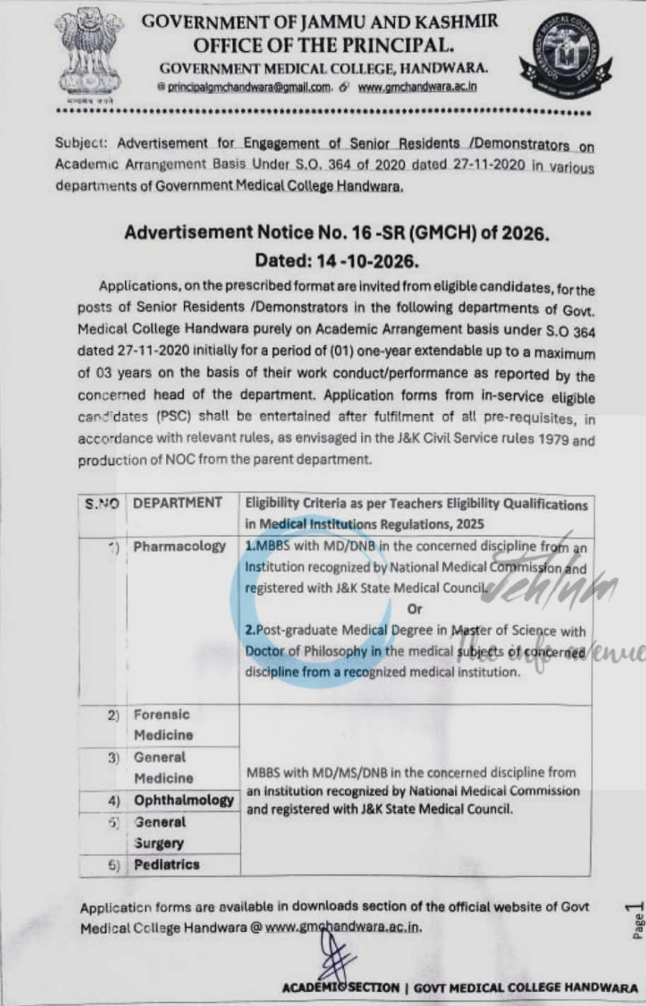 Government Medical College Handwara GMCH Senior Residents Demonstrators opportunities 2026