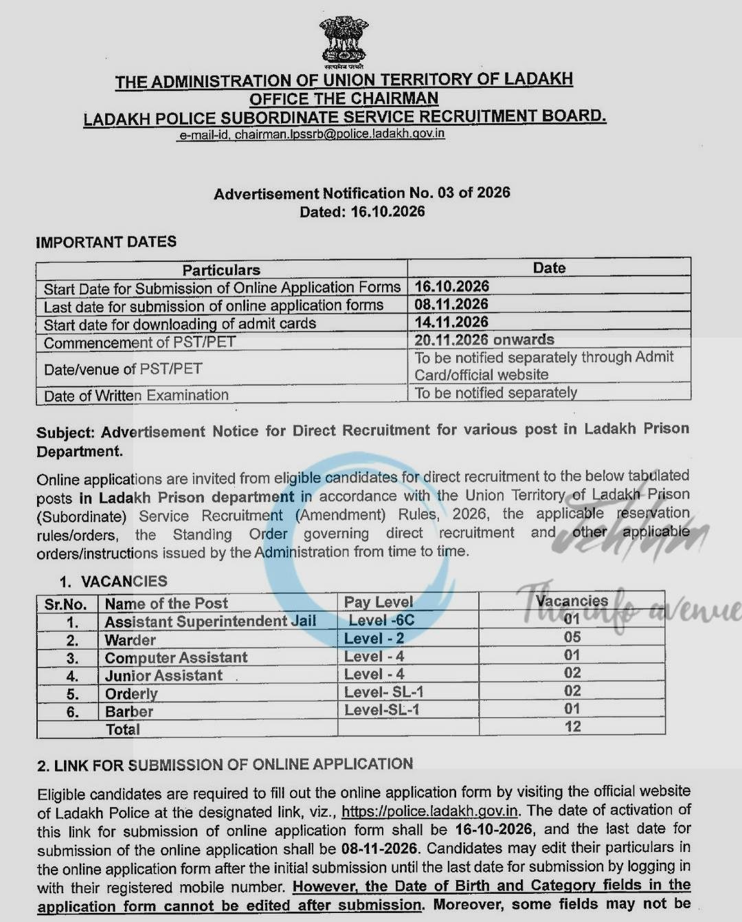Ladakh Police Subordinate Service Board LPSSRB Prison Department employment opportunities notice 03 of 2026