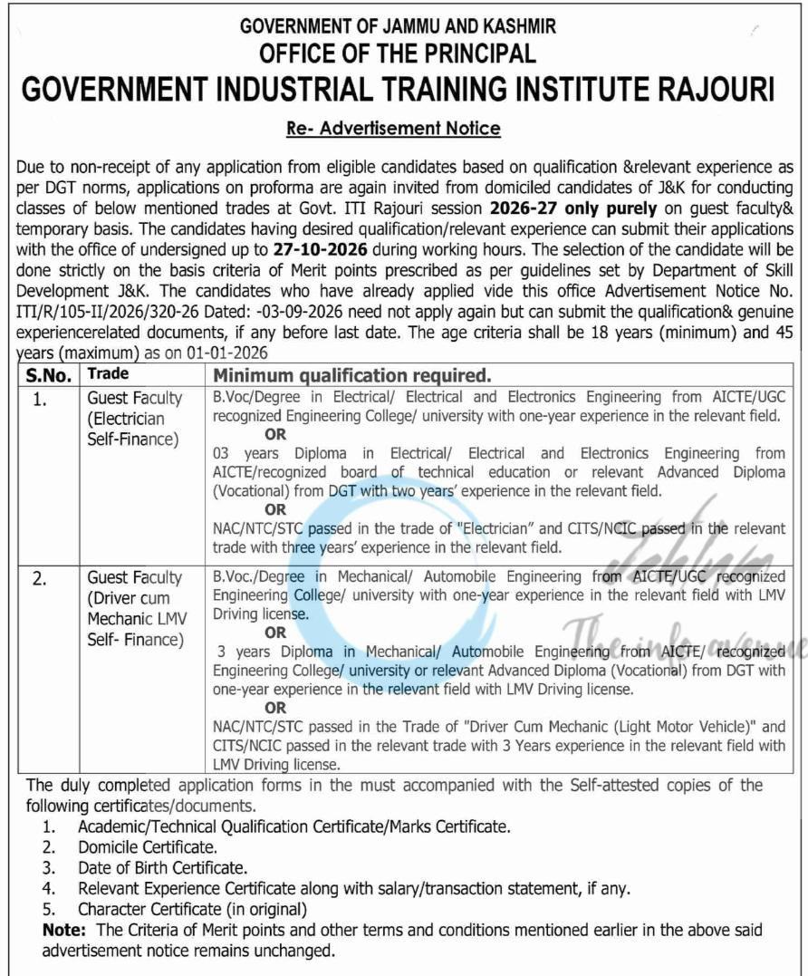 Government Industrial Training Institute Rajouri Guest Faculty opportunities notice ITI/R/105-II/2026/320-26 2026