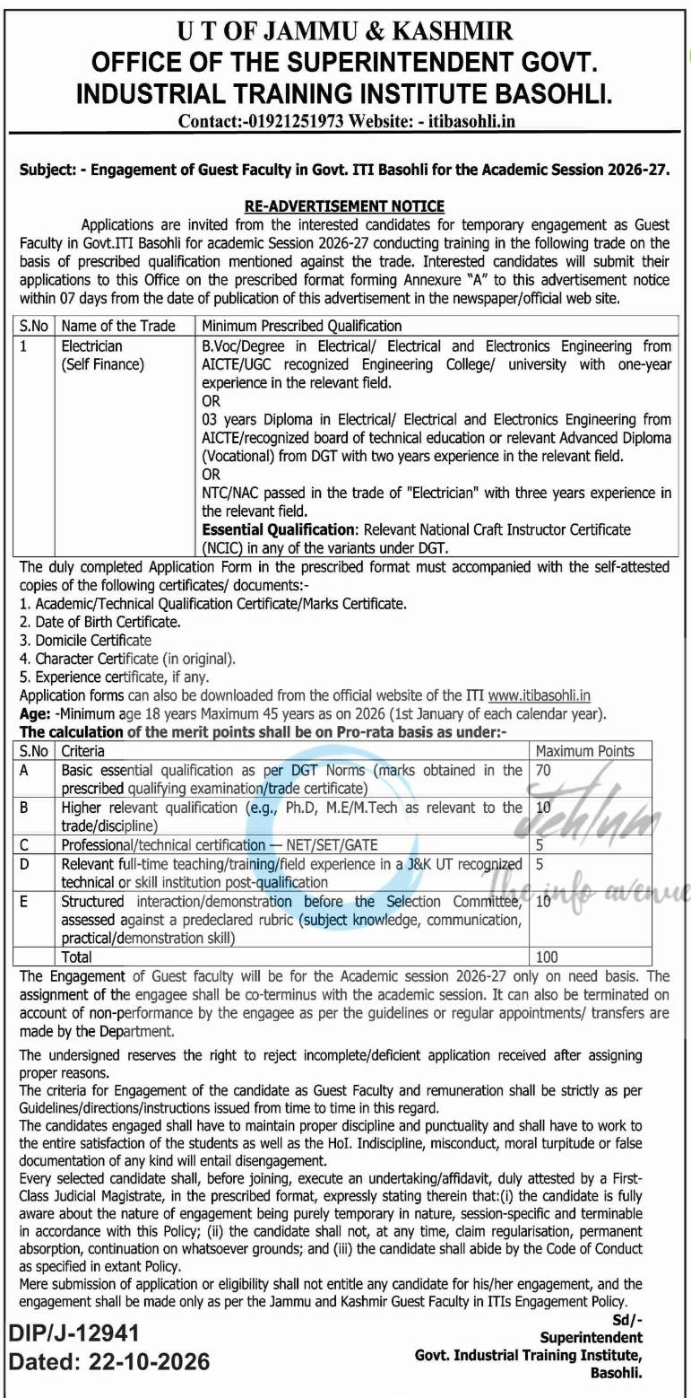 Government Industrial Training Institute Basohli ITI Basohli Guest Faculty opportunities notice DIP/J-12941 2026