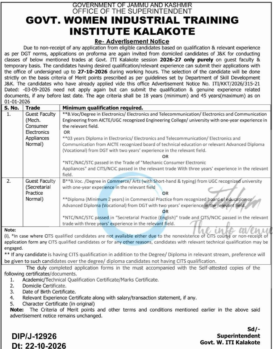 Government Women Industrial Training Institute Kalakote Guest Faculty opportunities notice ITI/KKT/2026/315-21 2026