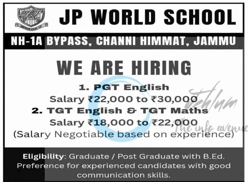 JP World School JPWS Jammu teaching job opportunities 2026