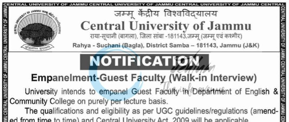 CUJ Deptt of English Samba Guest Faculty employment opportunities notice CUJ/Estab/T/11/G/F/2026/1216