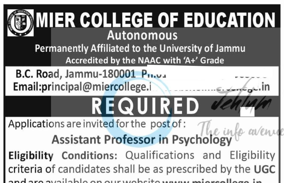 MIER College of Education MCEA Assistant Professor Psychology Jammu employment opportunities notice MCEA/V/2026/957