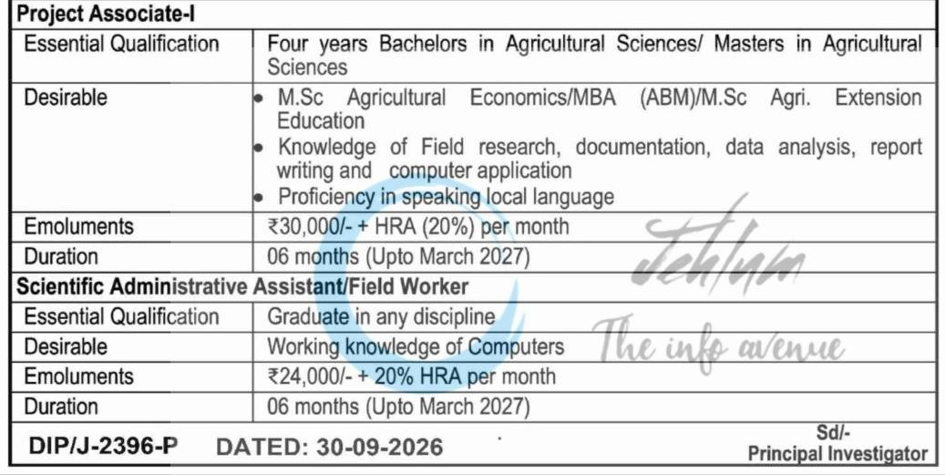 SKUAST-Jammu Directorate of Research Project Associate-I Field Worker employment opportunities notice DIP/J-2396-P