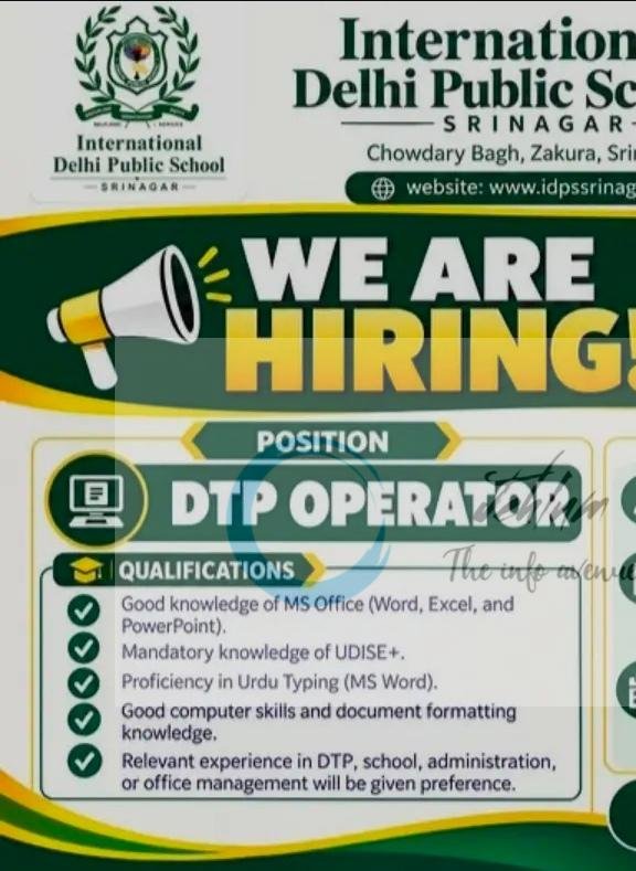 International Delhi Public School Srinagar DTP Operator job opportunities 2026