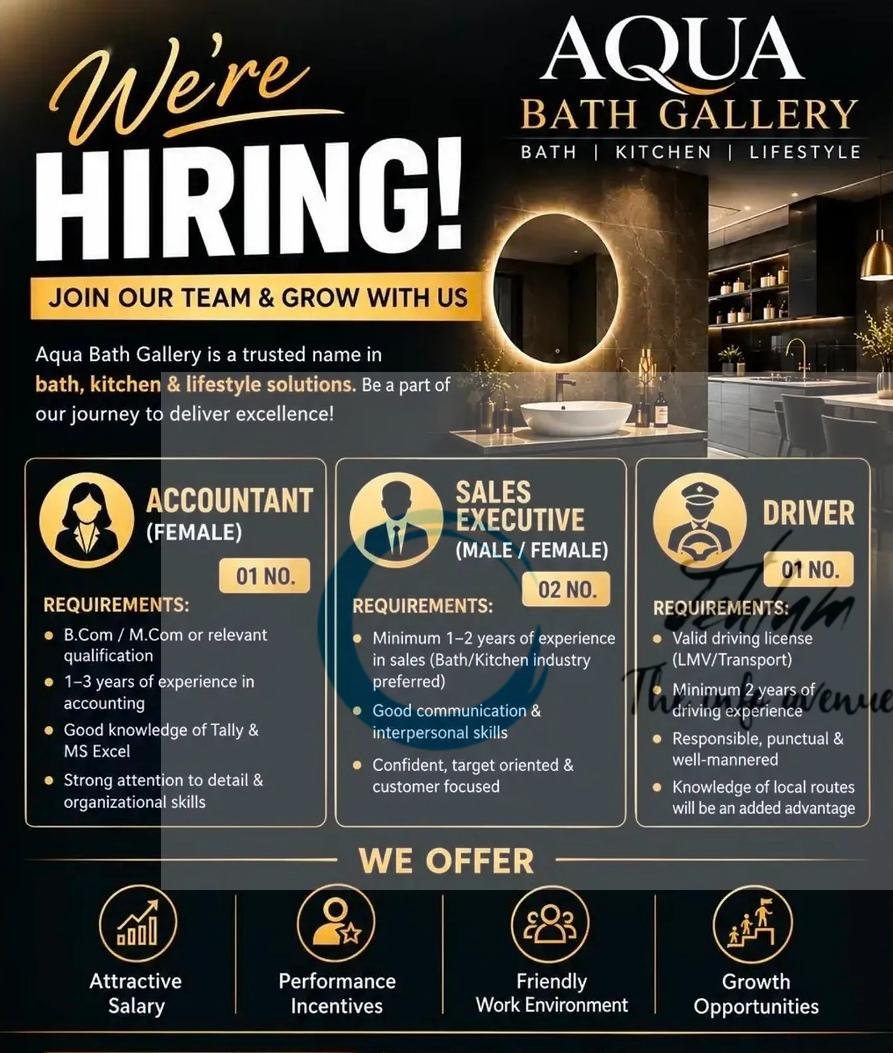 Aqua Bath Gallery Srinagar Accountant Sales Executive job opportunities 2026