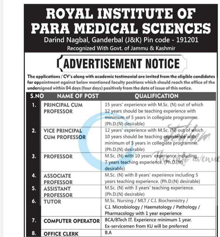 Royal Institute of Para Medical Sciences RIPMS Ganderbal teaching job opportunities notice RIM/GBL/603-04