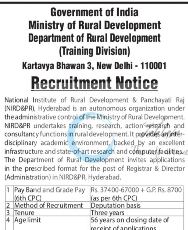 Department of Rural Development Training Division New Delhi Registrar Director Administration employment opportunities notice 35101/11/0010/2627
