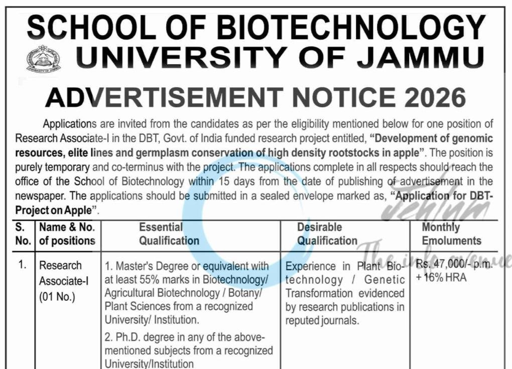 University of Jammu School of Biotechnology Research Associate-I Advertisement Notice JU/SBT/24/764