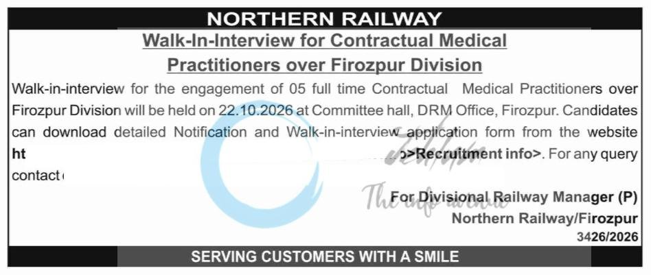 Northern Railway Firozpur Contractual Medical Practitioners employment opportunities notice 3426/2026