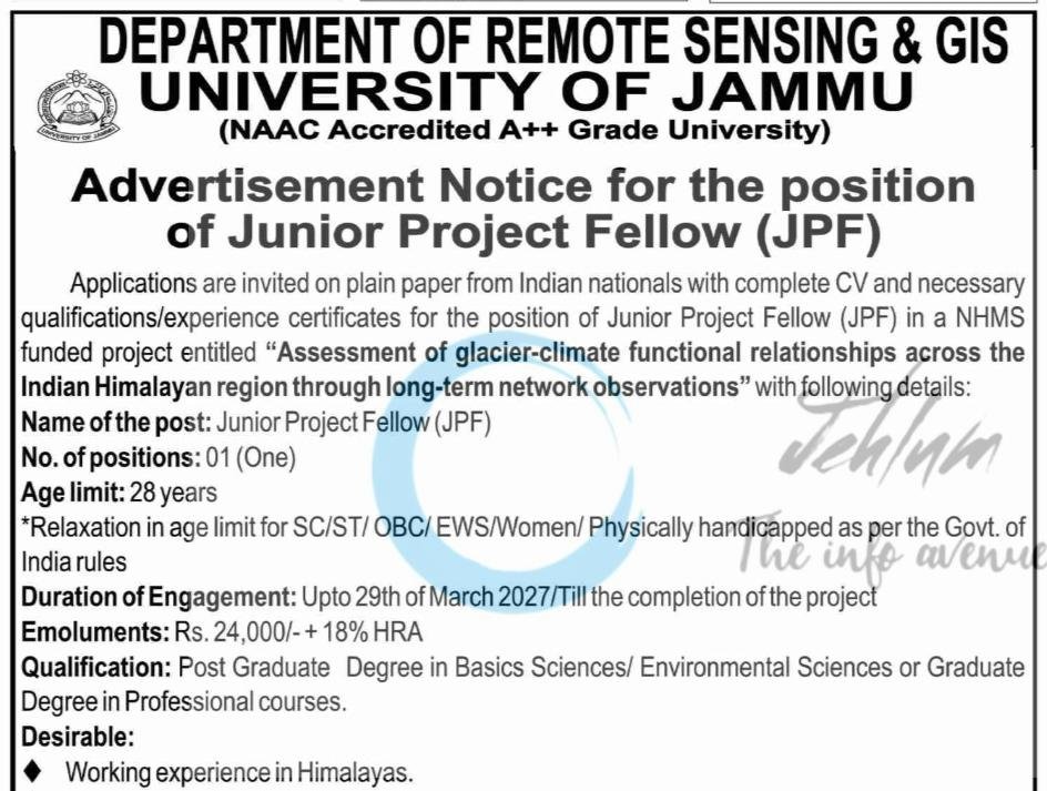 University of Jammu Department of Remote Sensing GIS Junior Project Fellow JPF DIP/J-2399-P 2026