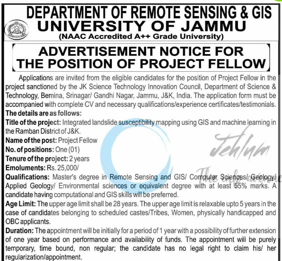 JU Deptt of Remote Sensing GIS Project Fellow Ramban JKSTIC employment opportunities notice DIP/J-2405-P 2026