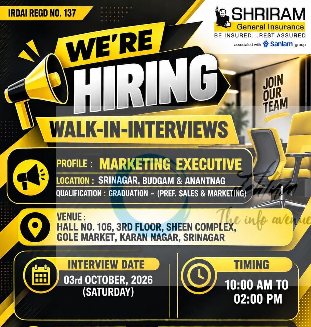 Shriram General Insurance Srinagar Budgam Anantnag Marketing Executive job opportunities 2026