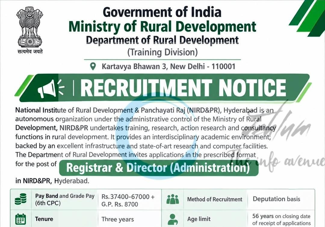 Ministry of Rural Development NIRDPR Hyderabad Registrar Director Administration Deputation job opportunities 2026